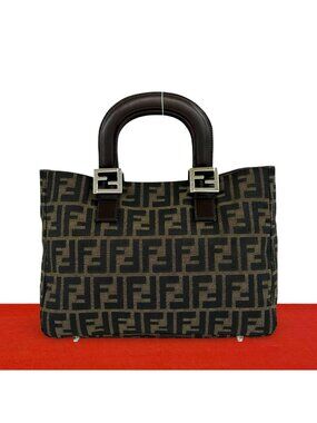 Fendi Zucca FF Pattern Logo Canvas Leather Book Handbag Mini Tote Brown Black